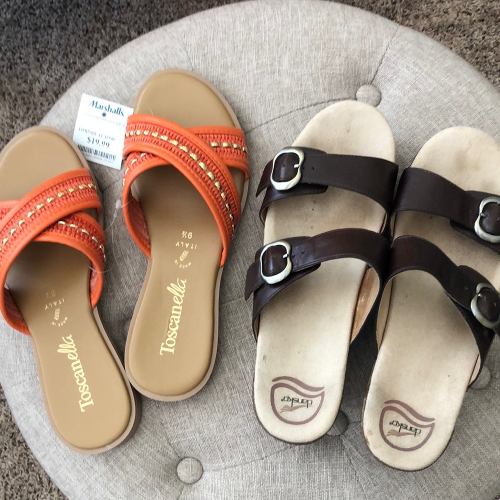2 Prs Sandals—Both Fit Size 9–Orange NWT (Toscanella) and Brown (Dansko) EUC—$25